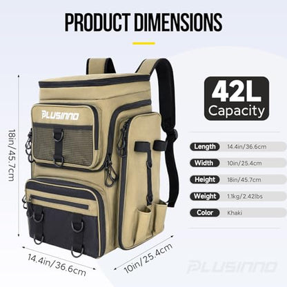 PLUSINNO Fishing Backpack with Rod Holders, 42L Large Water-Resistant Tackle Bag for Fishing, Camping, Hiking, Gifts - Khaki - color: Khaki