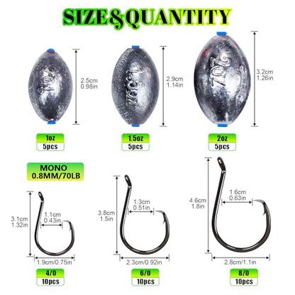 Pre-Rigged Carolina Rig Saltwater, Egg Sinker Grouper Rigs with 10 Circle Hooks, Stainless Steel Leader Fishing Wire, for Snapper Flounder Sea Bass Surf Fishing Bottom Rig - size: 1oz sinker(5pcs)+4/0 hook(10pcs)
