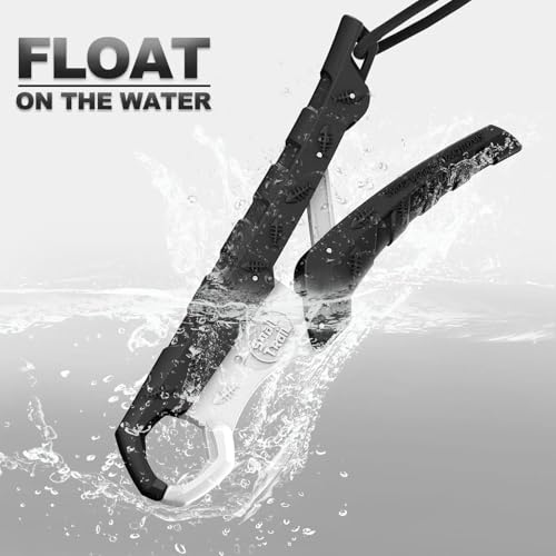 SNAIL TRAIL 7.5'' Floating Fish Gripper, Fishing Grabber | Catfish Mouth Pliers, Caught Bass Holder, Fish Scale Hook Clamp, Saltwater Lip Grip Tool with Lanyard, Gifts for Men - color: Black-white