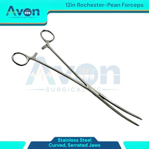 12inch Rochester-Pean Hemostat Forceps, Curved with Serrated Jaws - Lock-Ratcheting - Multi-Use, for Fishing, Veterinary, Crafts, and More - Stainless Steel (1 Each)