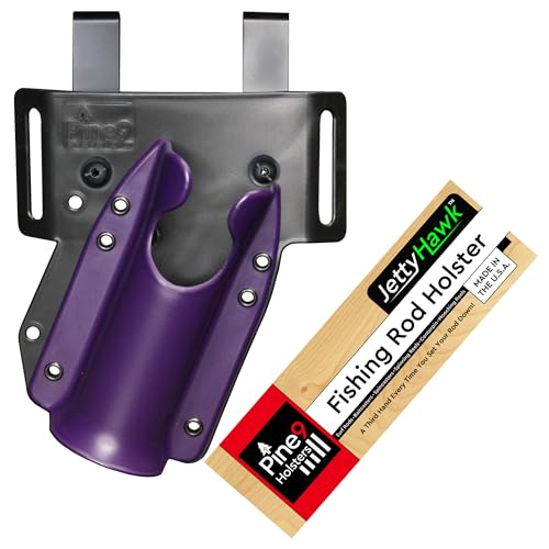 JettyHawk Fishing Rod Hip Holster, Hands-Free Quick-Draw Holder, Fits 1.5-2" Pole, for Spinning, Baitcaster, Centerpin & Surf Rods, Wading & MOLLE Belts - color: Purple w-Black Belt Clip