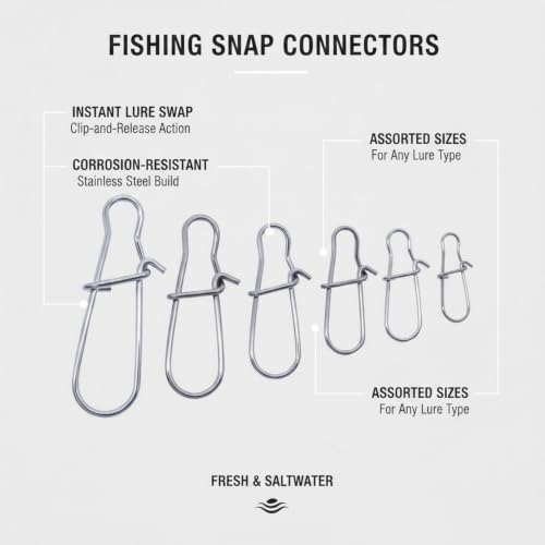 100-Pack Fishing Snap Connectors, Stainless Steel Lure Snaps for Quick Tackle Swapping, Assorted Sizes Saltwater and Freshwater Terminal Tackle Accessories - size: 1.97 x 1.57 x 0.59"