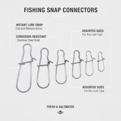 100-Pack Fishing Snap Connectors, Stainless Steel Lure Snaps for Quick Tackle Swapping, Assorted Sizes Saltwater and Freshwater Terminal Tackle Accessories - size: 1.97 x 1.57 x 0.59"