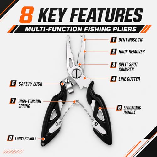 200PCS Fishing Split Rings Kit, Split Ring Pliers & 4.7'' Fish Lip Gripper, 5 Sizes Heavy Duty Stainless Steel Lure Hook Connectors, 30-120lb Tackle Assortment for Saltwater Freshwater Fishing