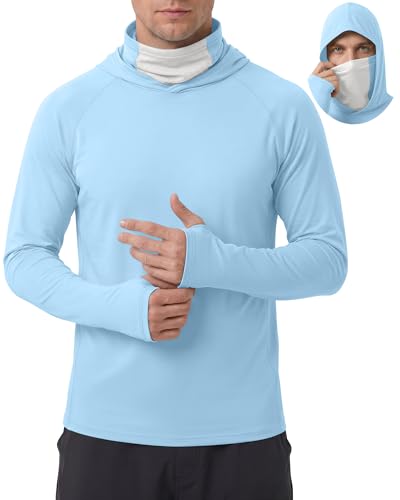 Men's UPF 50+ Sun Protection Hoodies Mask Long Sleeve Thumbholes Lightweight Dry Rash Guards Running Fishing Shirts - color: Ice Blue, size: Large