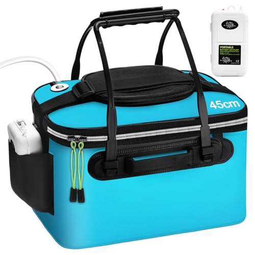 2 Pcs Fishing Bucket and Live Bait Aerator, Foldable Multi Functional Live Bucket Portable Quiet Aerator Outdoor Camping Fishing EVA Bag - color: Blue