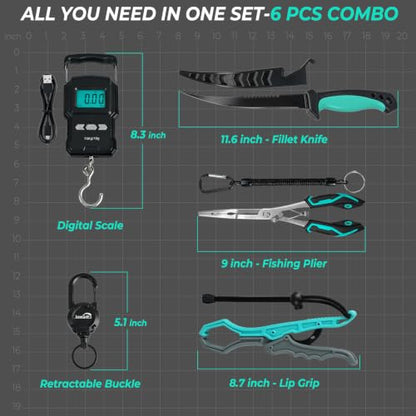 Jenseits Fishing Tool Kit, Fish Gripper, Fishing Pliers, Digital Fish Scale, Fillet Knife, Hook Remover & Fishing Accessories Set, Freshwater Saltwater Fishing Gear, Fishing Gifts for Men Angler - size: 6pcs (with scale)