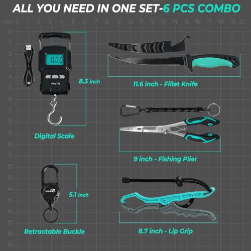 Jenseits Fishing Tool Kit, Fish Gripper, Fishing Pliers, Digital Fish Scale, Fillet Knife, Hook Remover & Fishing Accessories Set, Freshwater Saltwater Fishing Gear, Fishing Gifts for Men Angler - size: 6pcs (with scale)