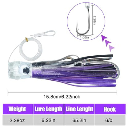 Saltwater Fishing Lures 6/9inch Trolling Lures for Marlin Mahi Tuna Dolphin Shark Big Game Deep Sea Fishing Baits Squid Skirts Rigged Hooks Ocean Gear Tackle - color: Purple-1pcs, size: 6inch