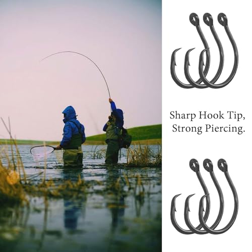 10PCS High-Carbon Steel Circle Hooks Barbed Fishing Hooks with Holes, Freshwater and Saltwater Fishing Hooks for Tuna, Catfish, Bass - size: 5/0