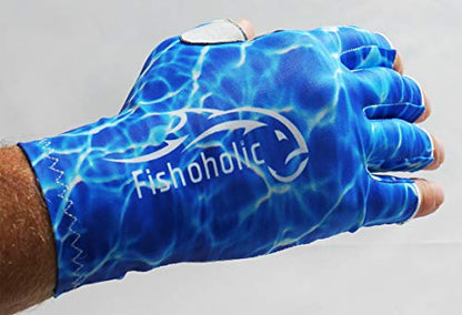 Fishoholic UPF50+ Fingerless Fishing Gloves - Sticky Grip Sun Protection Glove - Kayaking Paddling or Rowing - color: Blue H2O Camo, size: L / XL