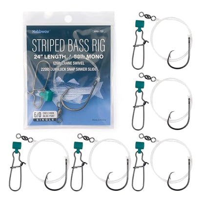 Striped Bass Rigs, 6/0 Inline Circle Hook with 24" 50lb Mono Leader Fish Finder Slider Rigs, 6-Pack Hand-Tied Saltwater Surf Fishing Tackle with 126lb Swivel & 220lb Snap for Striper Fishing