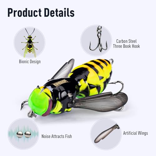 Kingdom Wasp Crawl Bait Insect Bionic Floating Fishing Lures Swimbaits Hard Artificial Baits Lure Freshwater and Saltwater Bass Carp Pike Walleye Fishing ABS Material Carbon Steel Three Book Hook - color: Set1, size: 6.6g