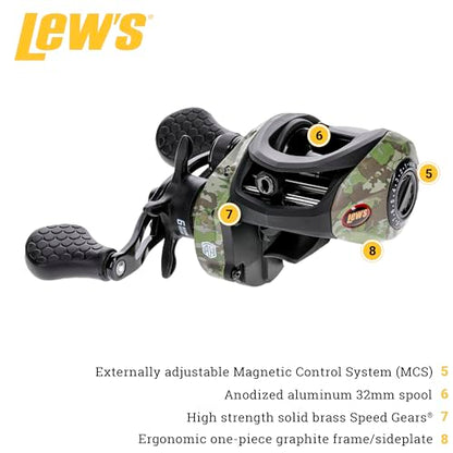 Lew’s American Hero Camo Baitcast Reel and Fishing Rod Combo, IM7 Graphite Rod, 5+1 Bearings, 7.5:1 Gear Ratio, One-Piece Graphite Frame, Camo/Black