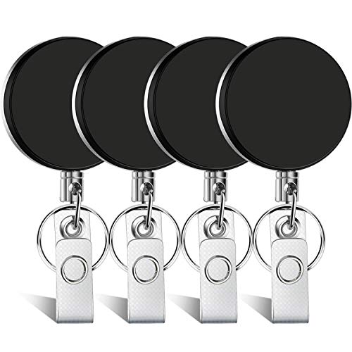 Selizo 4 Pieces Retractable Badge Holder ID Badge Holder Heavy Duty Badge Reel with Keychain Ring Clip for ID Key Card Badge - color: Black