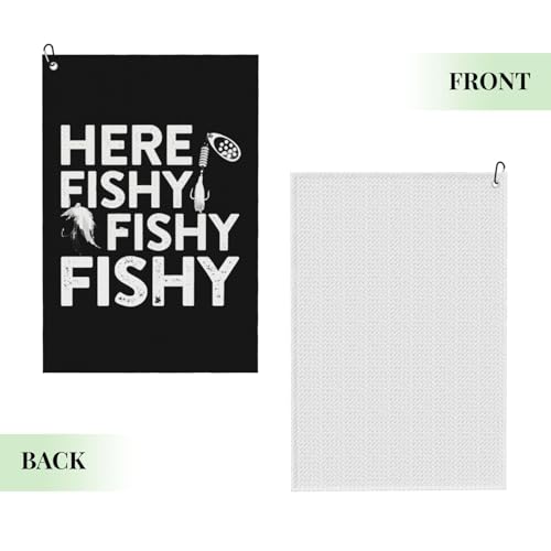 Fishing Here Fishy Fishy Fishy Microfiber Golf Towel, 16x24 Waffle Pattern with Carabiner Clip, Tri-Fold Large Golf Ball Towels, Golf Bag Accessories for Men Women, Golf Gift