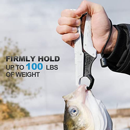 SNAIL TRAIL 7.5'' Floating Fish Gripper, Fishing Grabber | Catfish Mouth Pliers, Caught Bass Holder, Fish Scale Hook Clamp, Saltwater Lip Grip Tool with Lanyard, Gifts for Men - color: White-black
