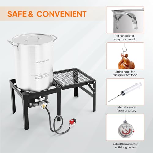 ROVSUN 30QT Turkey Fryer & 10QT Fish Fryer Kit w/ 55,000BTU Propane Stove, Aluminum Outdoor Deep Fryer & Seafood Boiler Steamer w/Baskets, Thermometer, Marinade Injector, Turkey Rack & Rack Lifter - size: 30QT&10QT