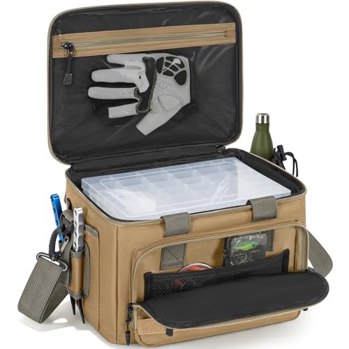 Fishing Bag with 4 * 3600 Tackle Boxes - Saltwater & Freshwater Compatible, Water Resistant & Durable Fishing Bags with Padded Shoulder Strap - Pliers and Gear Storage (Khaki) - color: Khaki, style: With 4 Tackle Boxes