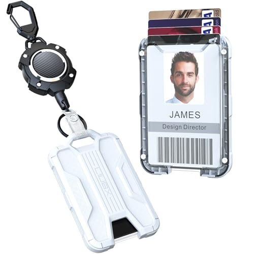 LIUGX Retractable Badge Holders, Heavy Duty Carabiner Keychain Clip,Durable ID Card Holder (Holds 4 Cards), with 31.5” Retractable Badge Reel,10,000+ Rebound,Carbon Fiber-Texture,White - color: White