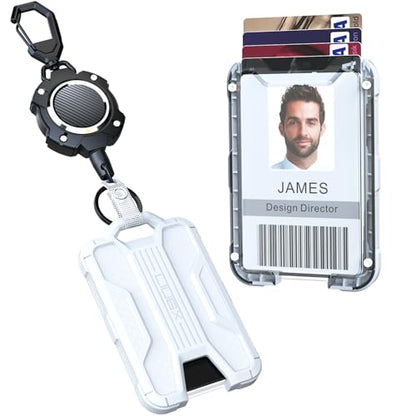 LIUGX Retractable Badge Holders, Heavy Duty Carabiner Keychain Clip,Durable ID Card Holder (Holds 4 Cards), with 31.5” Retractable Badge Reel,10,000+ Rebound,Carbon Fiber-Texture,White - color: White