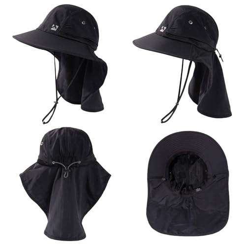 Oversized XL XXL Mens Sun Hat Big Head Neck Flap Shade Waterproof UPF50+ Wide Brim Hat Fishing Safari Hiking - color: Black, size: X-Large-XX-Large