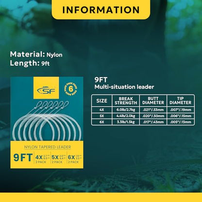 SF Pre-Tied Loop Fly Fishing Tapered Leader Nylon Clear Trout Freshwater Saltwater Bonefish Permit Bass Salmon Steelhead 7.5FT 9FT 10FT 12FT 15FT 0X 1X 2X 3X 4X 5X 6X 7X - size: 9FT-456X, style: Freshwater Knotted/Spools 6-pack