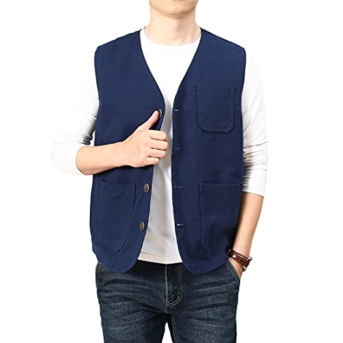 PRIJOUHE Men's Casual Outdoor Cotton Vest Lightweight Breathable Multi-Pocket Fishing Safari Travel Vests Outwear - color: 02-navy, size: Medium