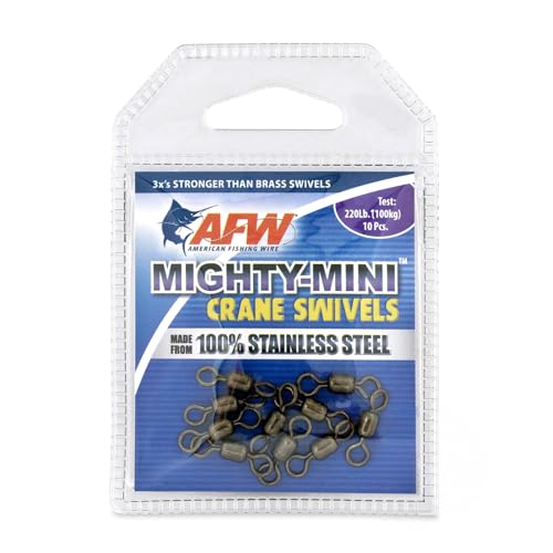 AFW American Fishing Wire Fishing Swivels - Mighty Mini 100% Stainless Steel Crane Swivels, 3X Stronger Than Brass, for Terminal Tackle Box, Up to 600lb Test - Fishing Gear for Fishing Line Leaders - size: 10 Pieces, 220 Pound Test
