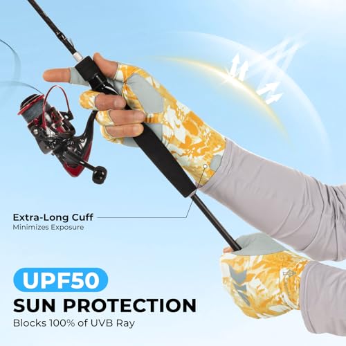 KastKing Agies Fishing Gloves Men, UPF 50+ Sun Gloves UV Protection, Cooling Quick-Dry 3/4 Fingerless Gloves with Extended Cuff, Microfiber Palm & Pull Tabs, for Fishing, Kayaking, Hiking, Hunting - color: X Camo-Mahi, size: Large-X-Large