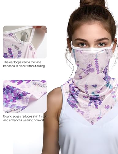FISHEAL UV Sun Protection Face Scarf Mask, Breathable Gardening Face Cover Neck Gaiter with Ear Loops Bandana for Men Women - color: Lavender Bee