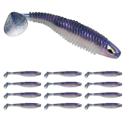 3D Eyes Paddle Ribbed Bait, 2.5in 3in 4.1in Soft Plastic Paddle Tail Swimbaits Fishing Lures for Bass Fishing Freshwater Saltwater 12/20/25 PCS - color: Purple, size: 4.1in(10.5cm)-12PCS