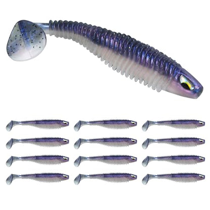 3D Eyes Paddle Ribbed Bait, 2.5in 3in 4.1in Soft Plastic Paddle Tail Swimbaits Fishing Lures for Bass Fishing Freshwater Saltwater 12/20/25 PCS - color: Purple, size: 4.1in(10.5cm)-12PCS