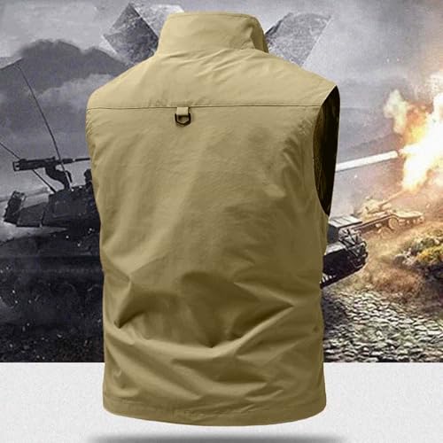 Men Fishing Vest Lightweight Outerwear Golf Running Sleeveless Jacket Travel Photo Utility Vest with Zipper Pockets - color: #02 Khaki, size: 4X-Large