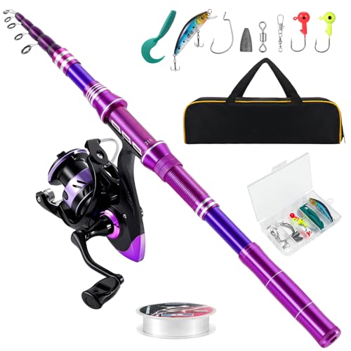 Fishing Rod and Reel Combos, Carbon Fiber Telescopic Fishing Pole Kit with Spinning Reel, Fishing Line, Fishing Lures, Travel Bag for Woman Girl Beginner Saltwater Freshwater - color: DARK PURPLE