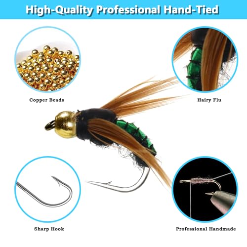 Fly Fishing Flies Assortment Kit, 16 Pcs Hand-Tied Dry Wet Fly Fishing Lures, Nymphs, Streamers, Terrestrials for Trout Bass Sunfish, Pike with Fly Box