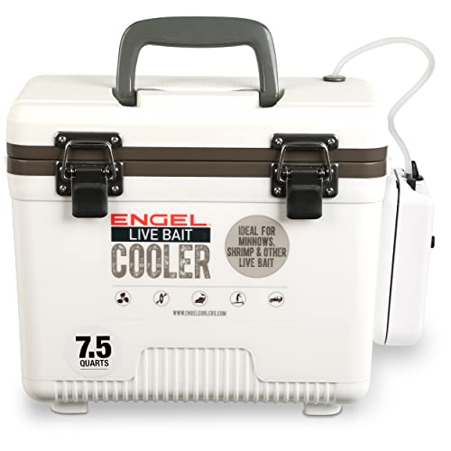 Engel Live Bait Cooler Box with 2nd Gen 2-Speed Aerator Pump - Portable Fishing Station & Minnow Bucket for Shrimp & Other Live Fish with Aerator - ENGLBC-N - color: White, size: 7.5 Quart