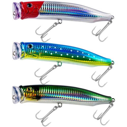 THKFISH Popper Lures Saltwater Tuna Popper Topwater Fishing Lures for Surf Fishing Bass with 3D Eyes for GT Tuna Large Fish 5.9in 1pc/3pcs - color: 3PCS-BLUEGREEN-RED-GRN