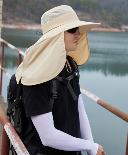 HUAMULAN Women Large Brim Sun Hat with Neck Flap, Men Quick Dry Hiking Fishing Safari Hat UPF 50+ - color: Beige With Mesh Panel