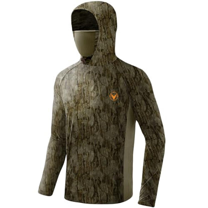 Palmyth Hunting Hoodie with Mask for Men Sun Protection Camo Fishing Shirts | UPF 50+, Mask Neck Gaiter, Quick Dry, 2 Zipper Pockets, Side Mesh Vent, Thumb Loops, Moisture Wicking, Stretchy, Breathable - color: Bark Ridge, size: XX-Large