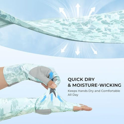 KastKing Agies Fishing Gloves Men, UPF 50+ Sun Gloves UV Protection, Cooling Quick-Dry 3/4 Fingerless Gloves with Extended Cuff, Microfiber Palm & Pull Tabs, for Fishing, Kayaking, Hiking, Hunting - color: X Camo-Pale Blue, size: Large-X-Large