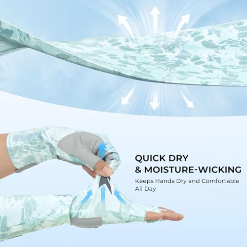 KastKing Agies Fishing Gloves Men, UPF 50+ Sun Gloves UV Protection, Cooling Quick-Dry 3/4 Fingerless Gloves with Extended Cuff, Microfiber Palm & Pull Tabs, for Fishing, Kayaking, Hiking, Hunting - color: X Camo-Pale Blue, size: Large-X-Large