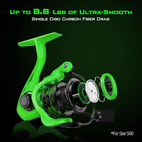 KastKing Zephyr Spinning Reels – 7+1/6+1 BB – Carbon Fiber Drag – Stainless Steel Shaft – Aluminum & CNC Spool – Black/Green/Orange – Sizes 500/1000 SFS – ICE Fishing Ready Reels! - color: Standard-Green, size: 500