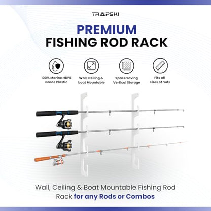 TRAPSKI Made in The USA Fishing Rod/Pole Holder Rack Organizers | Wall or Boat Mounting Fishing Rod Rack | Marine Grade HDPE Plastic | Pole Holder for up to 3 Rods | Stackable - color: H3 White