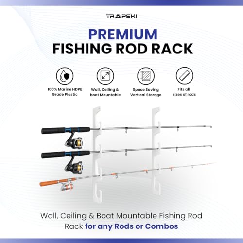 TRAPSKI Made in The USA Fishing Rod/Pole Holder Rack Organizers | Wall or Boat Mounting Fishing Rod Rack | Marine Grade HDPE Plastic | Pole Holder for up to 4 Rods | Stackable - color: H4 White
