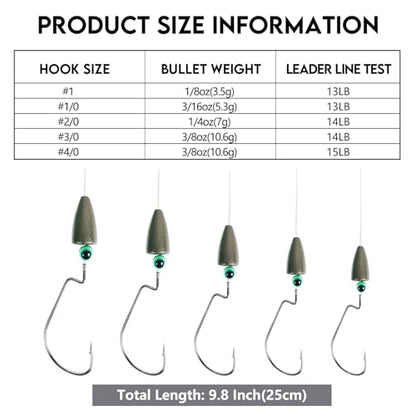 Eupheng Texas Rigs for Bass Fishing, Pre-Rigged Leader Line with Weights Hooks Barrel Swivel Kit Fishing Ready Texas Rig for Bass Perch 5PCS - size: #3/0 Hooks-3/8 oz Weight-5pcs