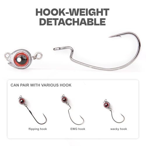15-Sets Detachable Fish Head Swimbait Jig Heads - Weedless EWG Hooks Kit for Fishing (15 Fish Eye Weights + 15 Hooks) - size: 3/16oz