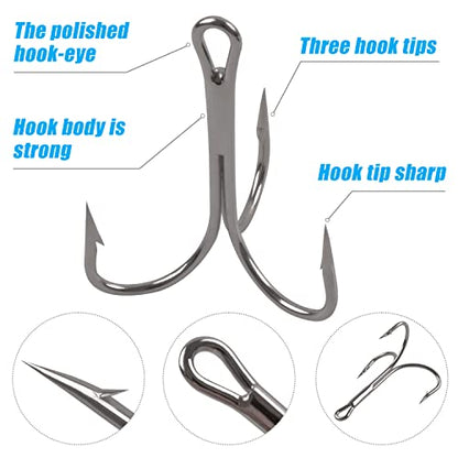 Classic Treble Fishing Hooks,10/20pcs Large Treble Hooks Barbed Strong Sharp Silver Big Game Triple Fish Hook for Saltwater Freshwater Fishing Size 4/0 6/0 7/0 8/0 10/0 - size: 10/0-10pcs