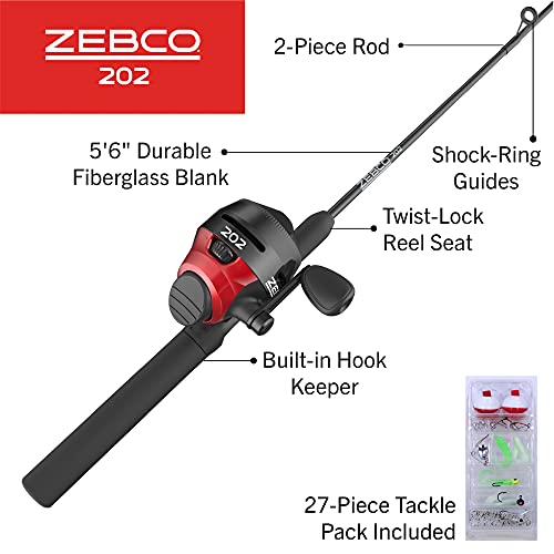Zebco Zebco 202 Spincast Reel and Fishing Rod Combo, Pre-Spooled with 10-Pound Cajun Line, Includes Tackle Kit - color: Black/Red