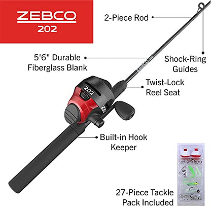 Zebco Zebco 202 Spincast Reel and Fishing Rod Combo, Pre-Spooled with 10-Pound Cajun Line, Includes Tackle Kit - color: Black/Red
